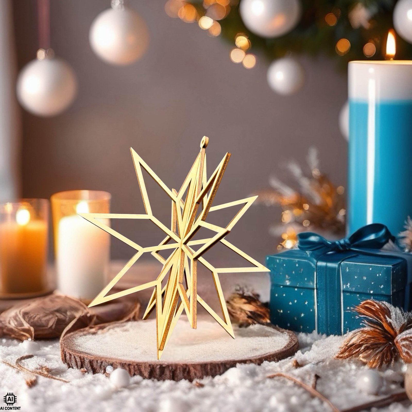 3D-Holzstern als elegante Weihnachtsdeko auf winterlicher Tischlandschaft mit Kerzen und Geschenken