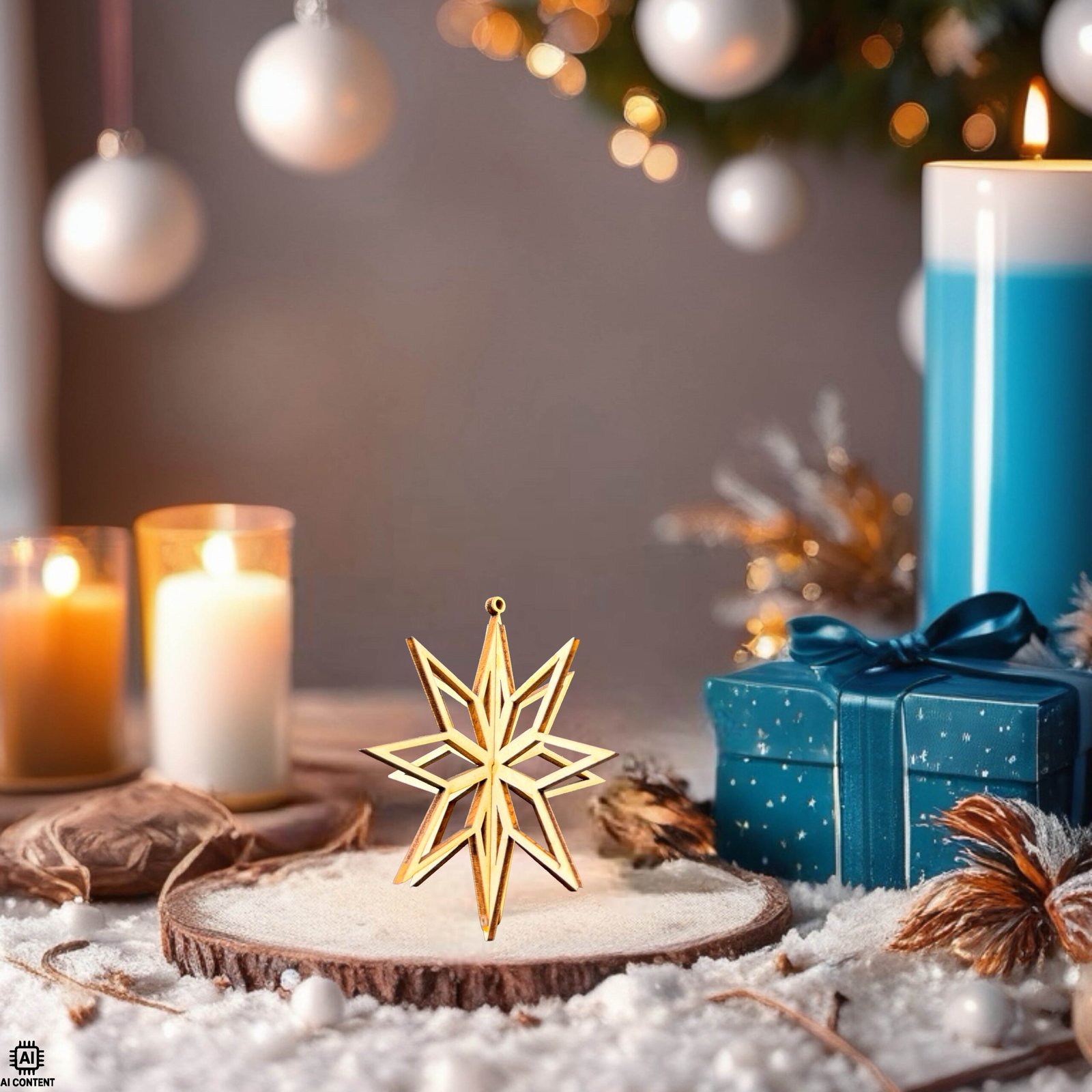 3D-Holzstern als elegante Weihnachtsdeko auf winterlicher Tischlandschaft mit Kerzen und Geschenken