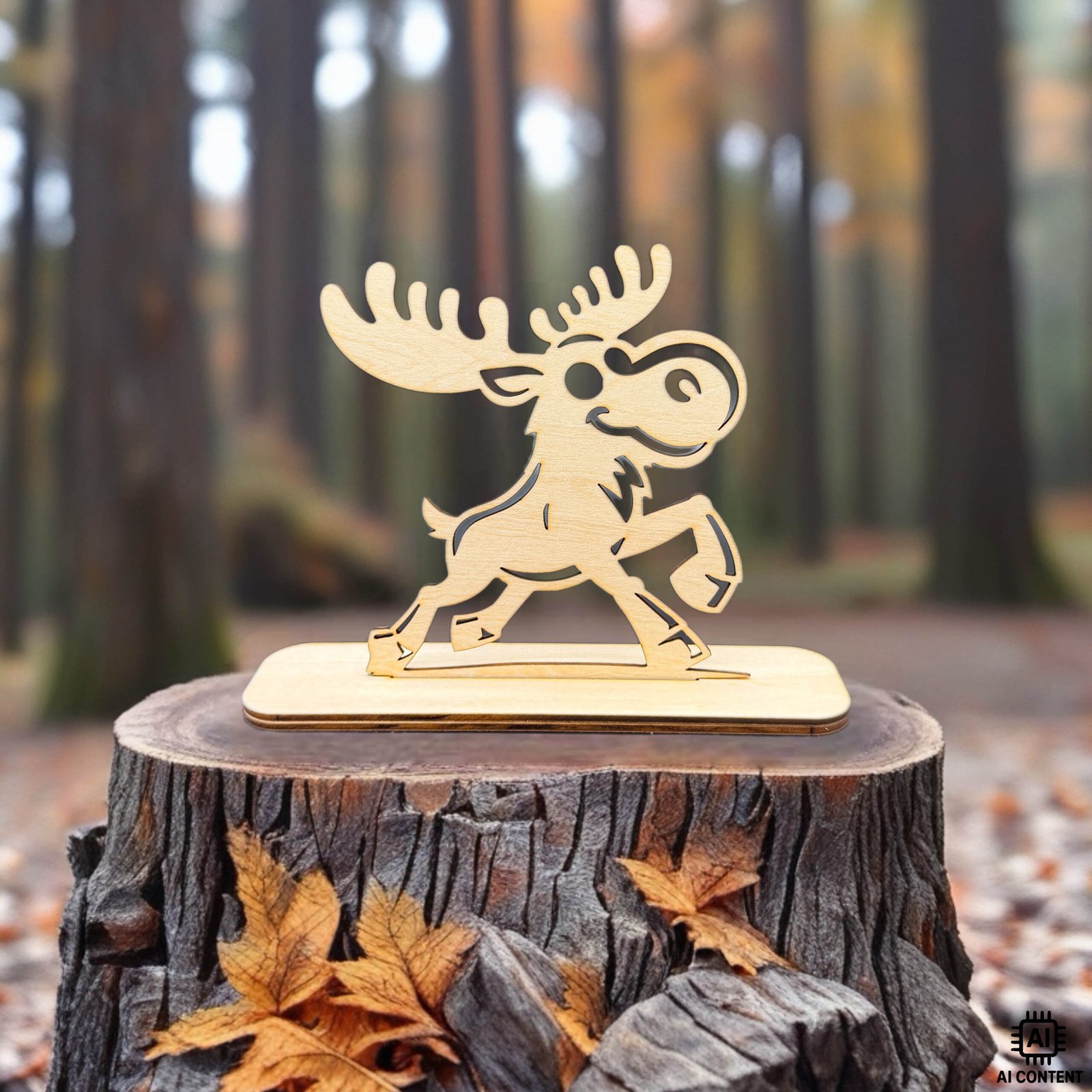 Holzfigur eines lächelnden Elchs auf einem Baumstumpf im herbstlichen Wald