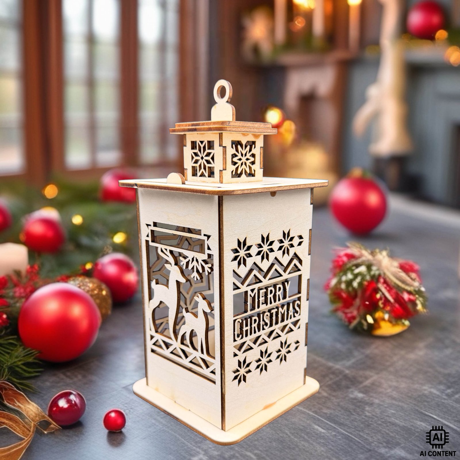 Holzlaterne mit filigranem Merry-Christmas-Motiv und Rentieren – weihnachtliche Lasergravur-Dekoration aus Holz
