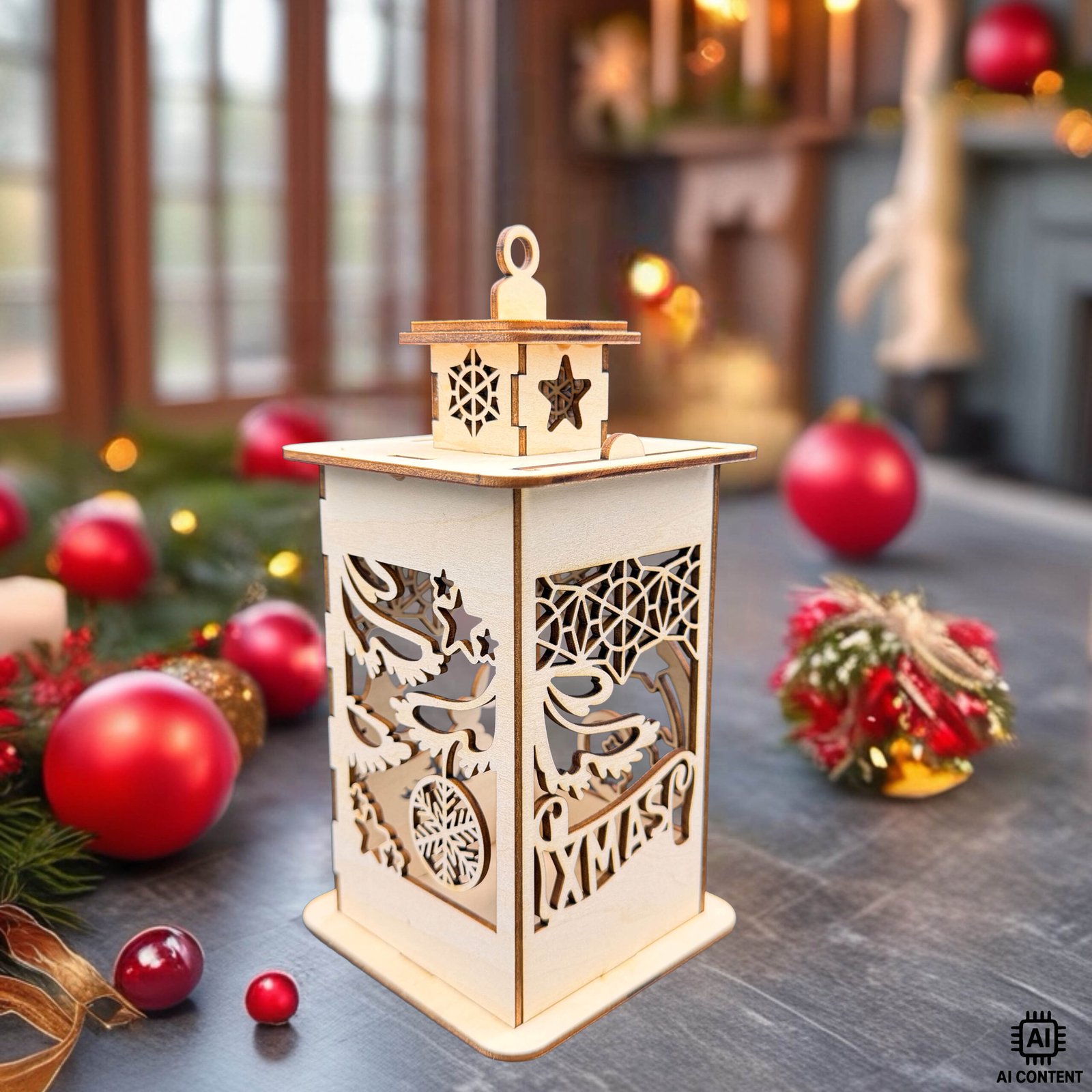 „Holzlaterne mit filigranen Weihnachtsmotiven und XMAS-Schriftzug – dekorative Weihnachtsdekoration aus gelasertem Holz“