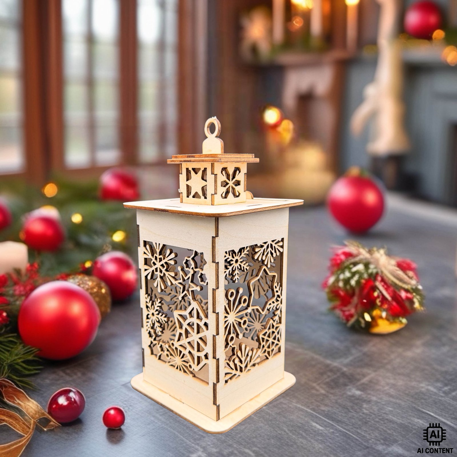 Holzlaterne mit filigranen Schneekristall-Motiven, weihnachtliche Dekoration aus Holz im Wohnzimmer