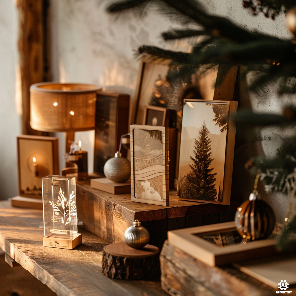 Ausstellung von gravierten Holz- und Acrylbildern in weihnachtlicher Dekoration auf rustikalem Holztisch