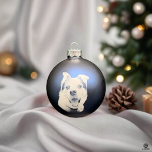Christbaumkugel 80 mm blau matt mit Hund Gravur