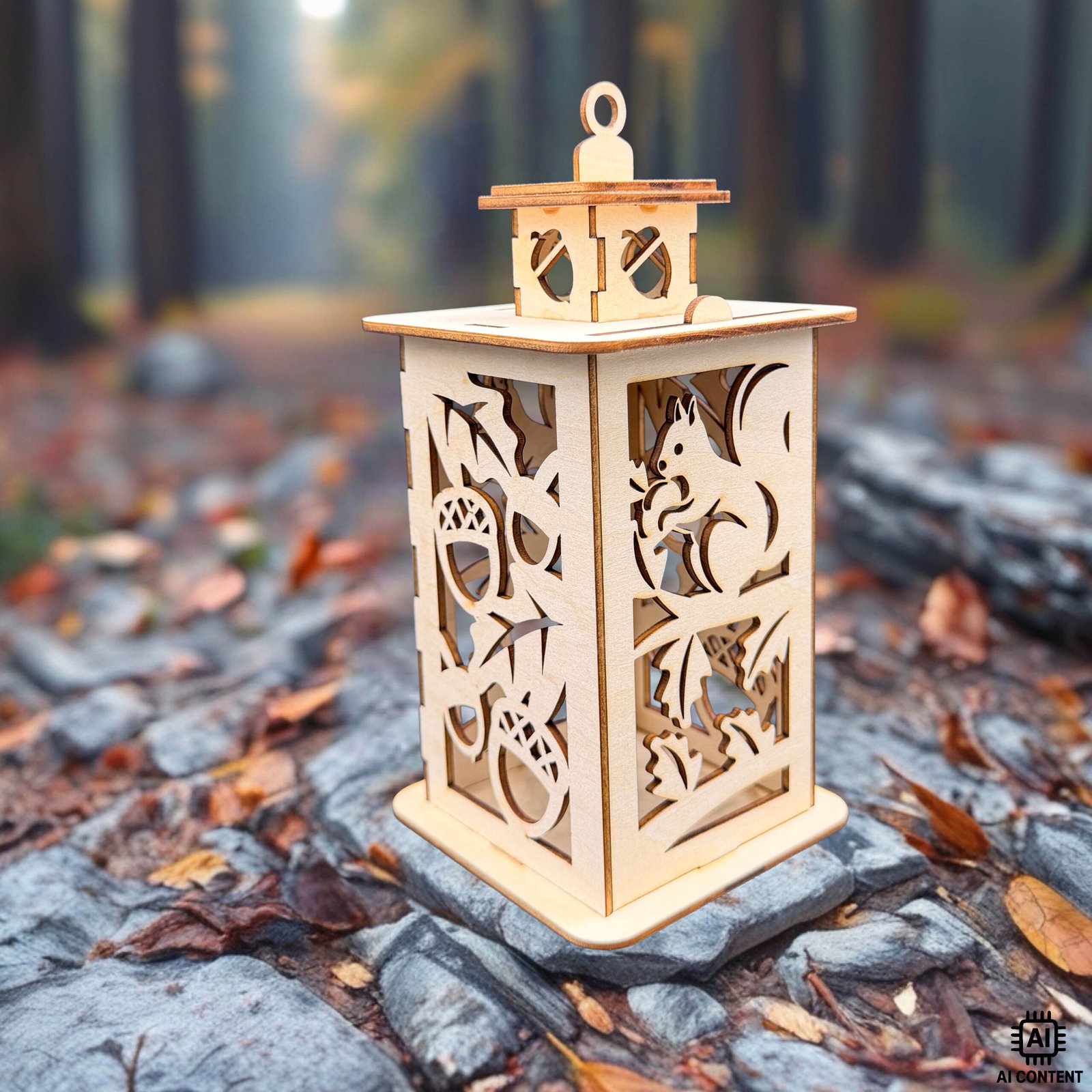 Holzlaterne mit Eichhörnchen-Motiv – detailreich gelaserte Herbstlaterne aus Holz im Wald, Produktfoto.