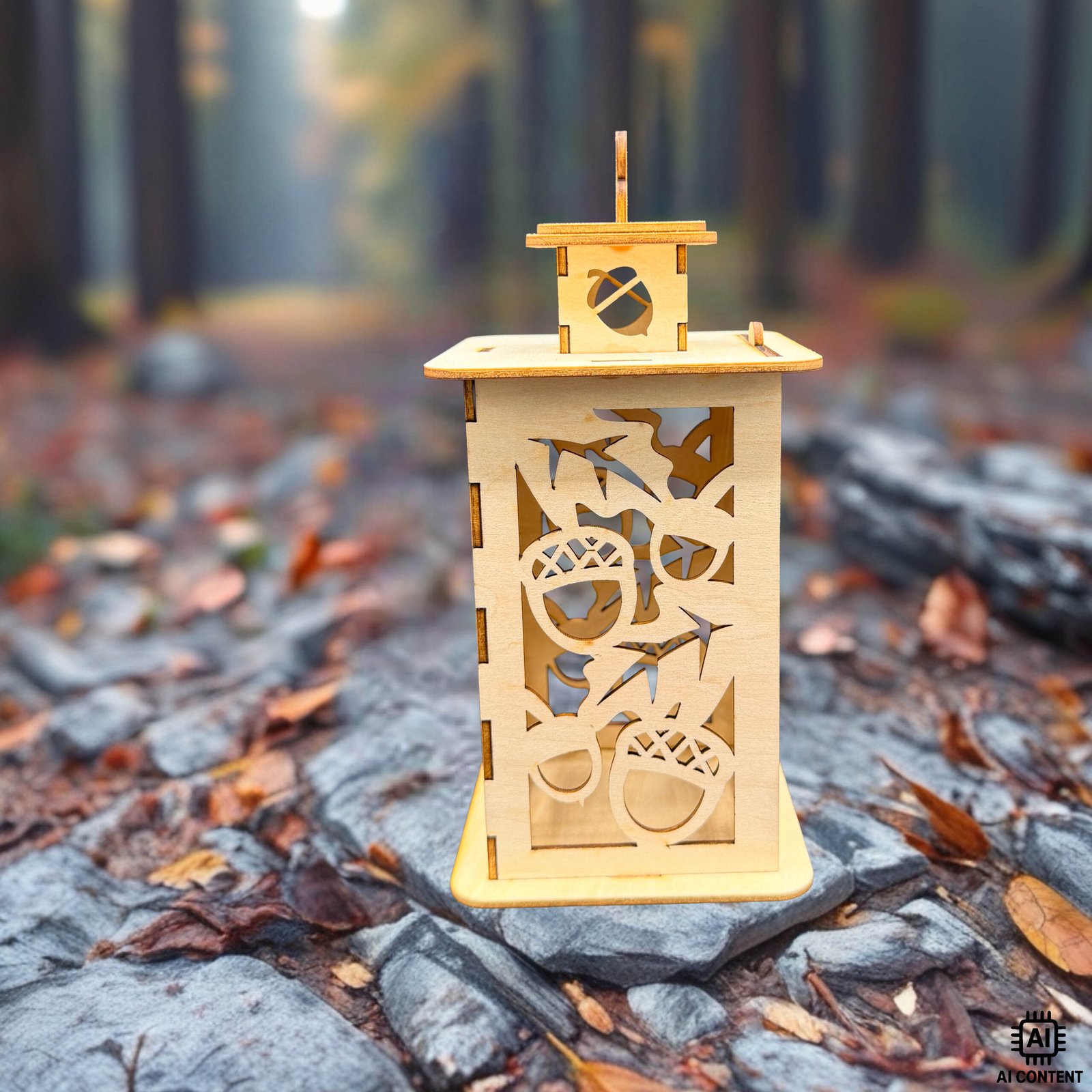 Holzlaterne mit Eichhörnchen-Motiv – detailreich gelaserte Herbstlaterne aus Holz im Wald, Produktfoto.