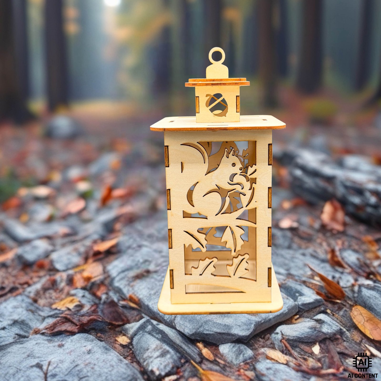 Holzlaterne mit Eichhörnchen-Motiv – detailreich gelaserte Herbstlaterne aus Holz im Wald, Produktfoto.
