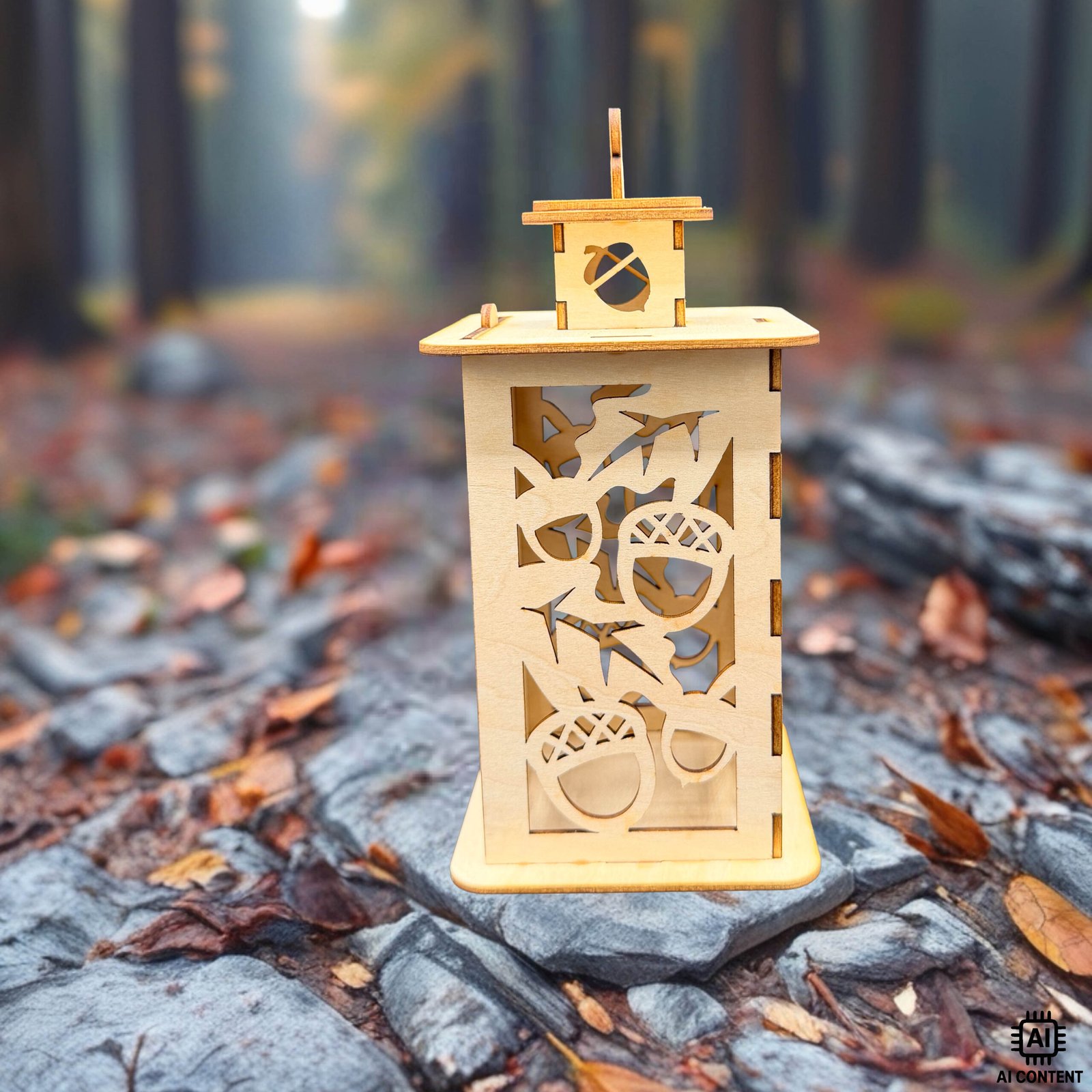 Holzlaterne mit Eichhörnchen-Motiv – detailreich gelaserte Herbstlaterne aus Holz im Wald, Produktfoto.