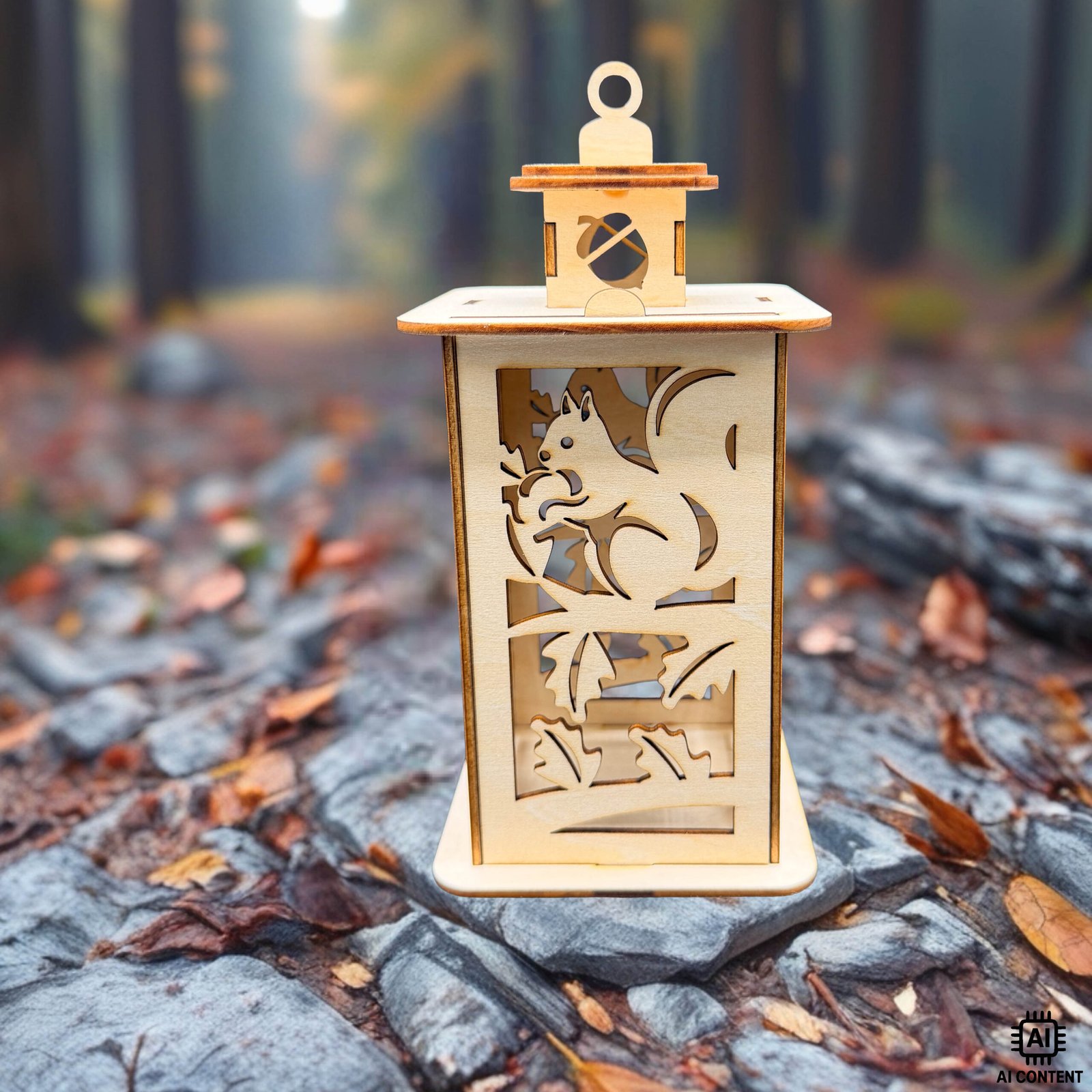 Holzlaterne mit Eichhörnchen-Motiv – detailreich gelaserte Herbstlaterne aus Holz im Wald, Produktfoto.