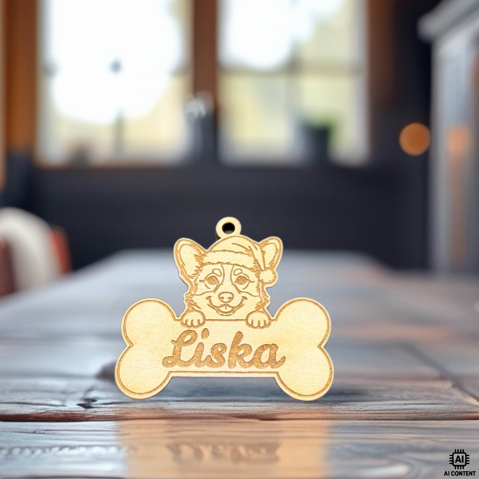 Personalisierter Holz-Hundeknochen mit Spitz-Motiv und eingraviertem Namen „Liska“