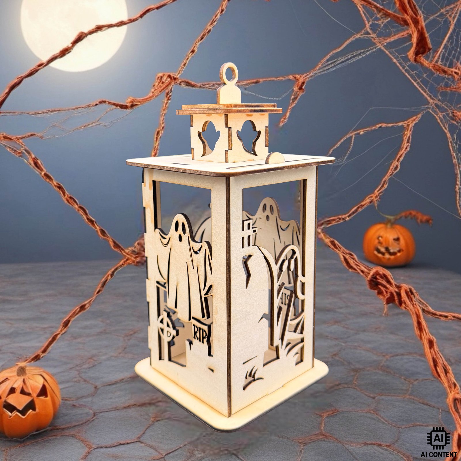 Holzlaterne mit Geistermotiv und Grabsteinen auf Halloween-Deko-Untergrund mit Kürbissen