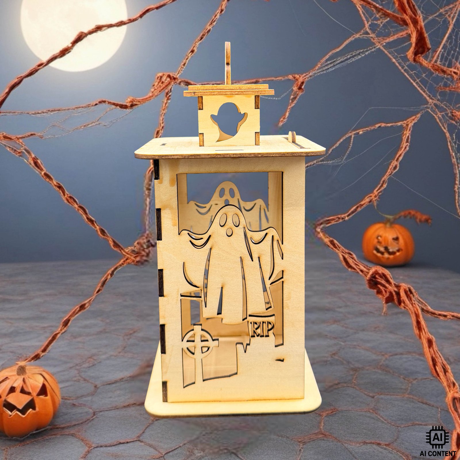 Holzlaterne mit Geistermotiv und Grabsteinen auf Halloween-Deko-Untergrund mit Kürbissen