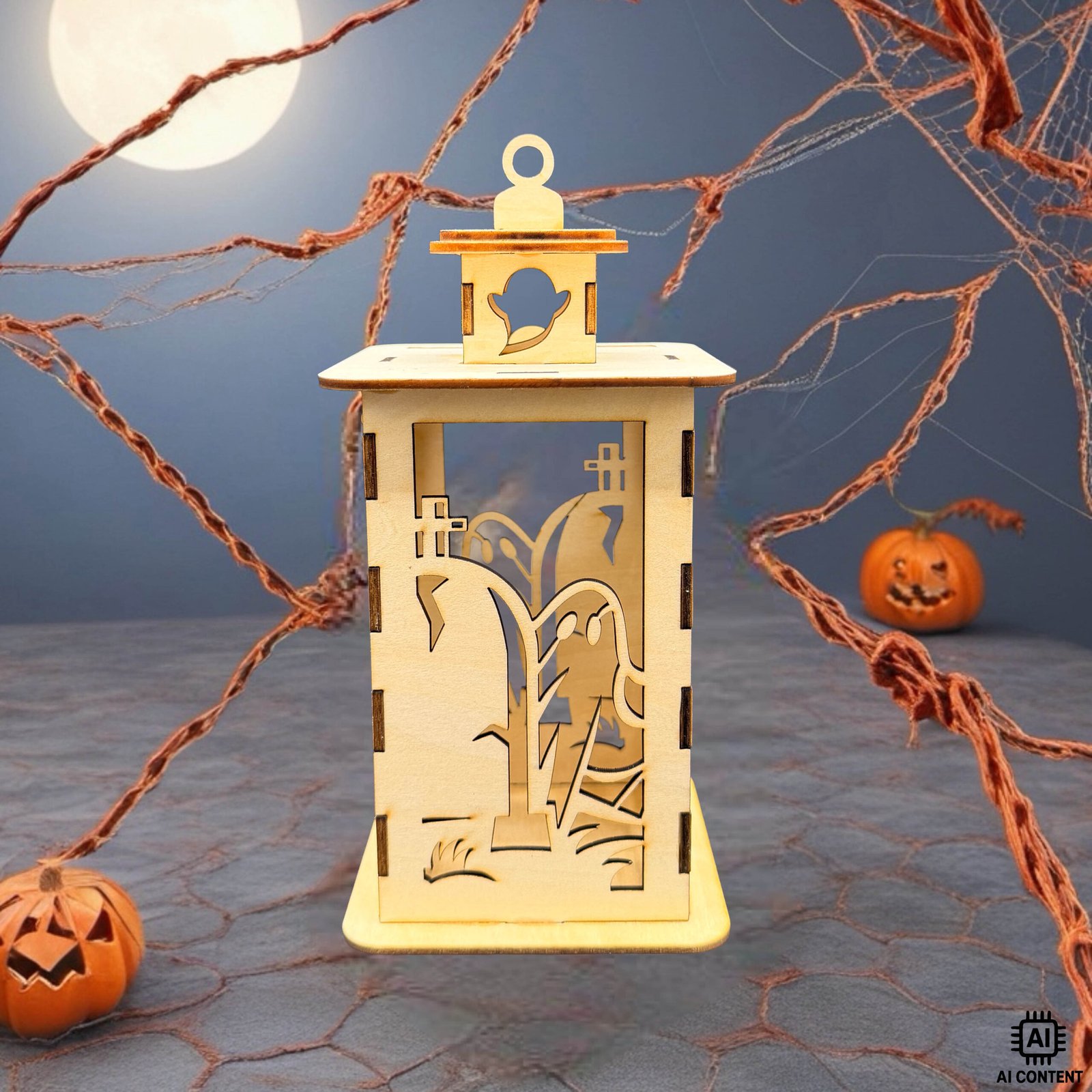 Holzlaterne mit Geistermotiv und Grabsteinen auf Halloween-Deko-Untergrund mit Kürbissen