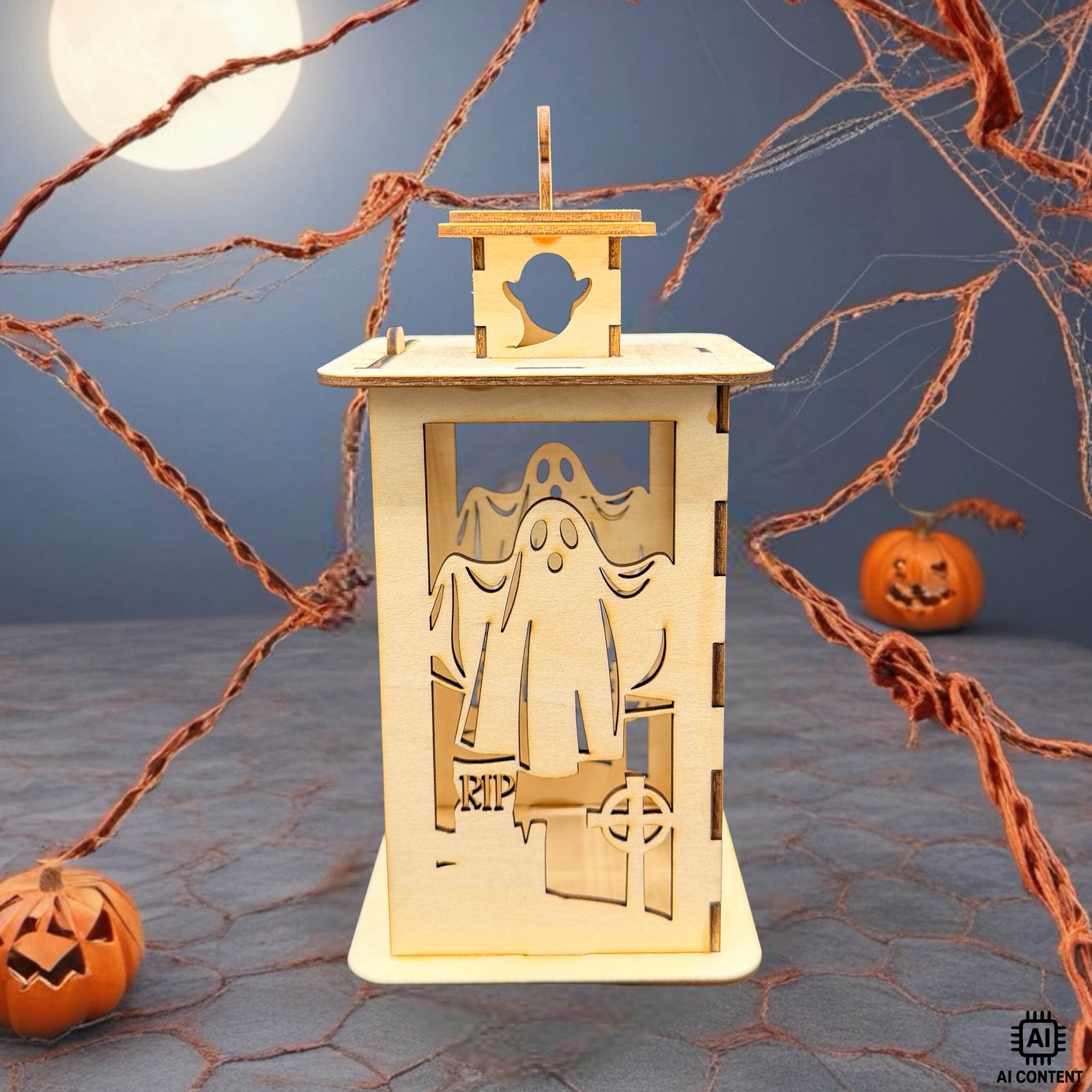 Holzlaterne mit Geistermotiv und Grabsteinen auf Halloween-Deko-Untergrund mit Kürbissen