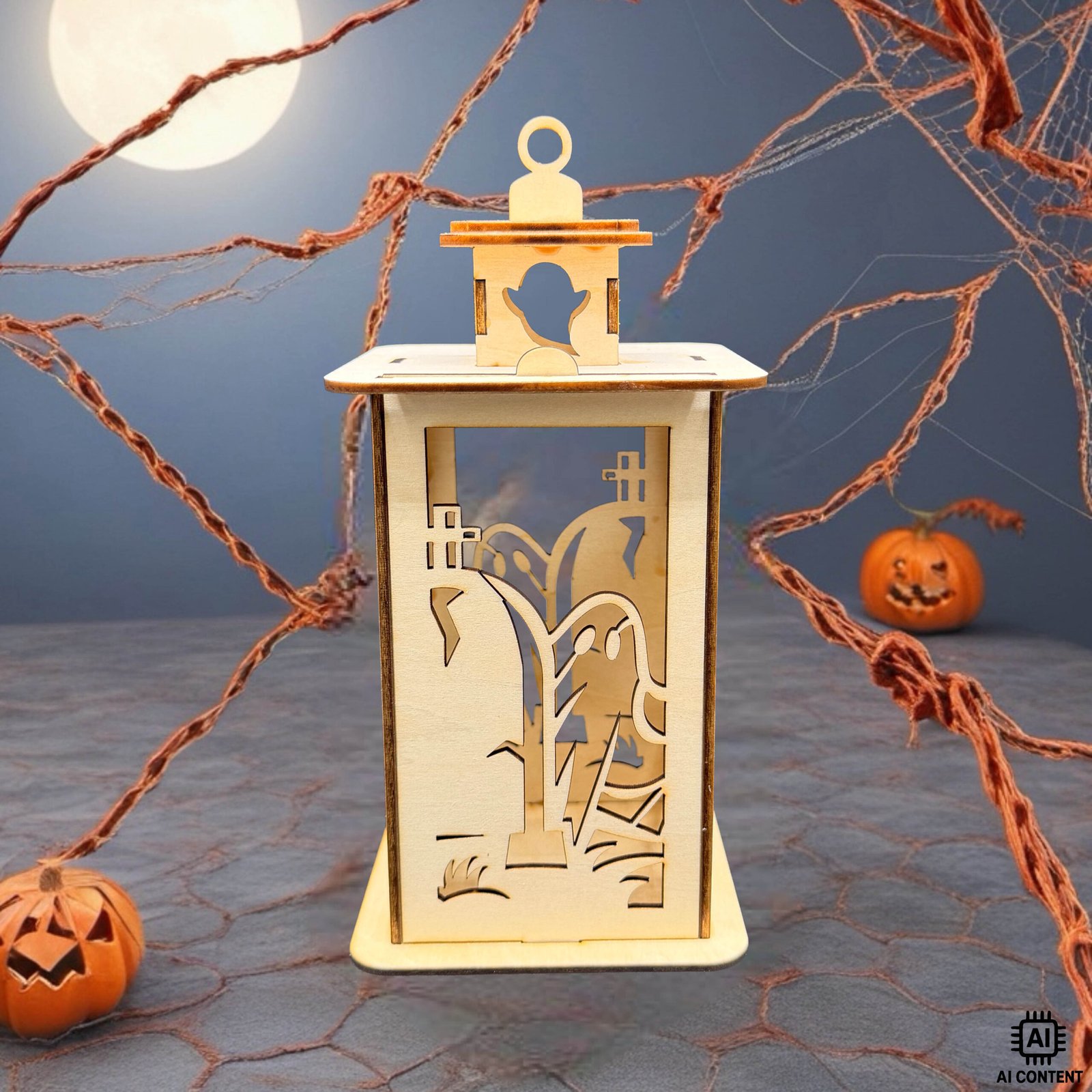 Holzlaterne mit Geistermotiv und Grabsteinen auf Halloween-Deko-Untergrund mit Kürbissen