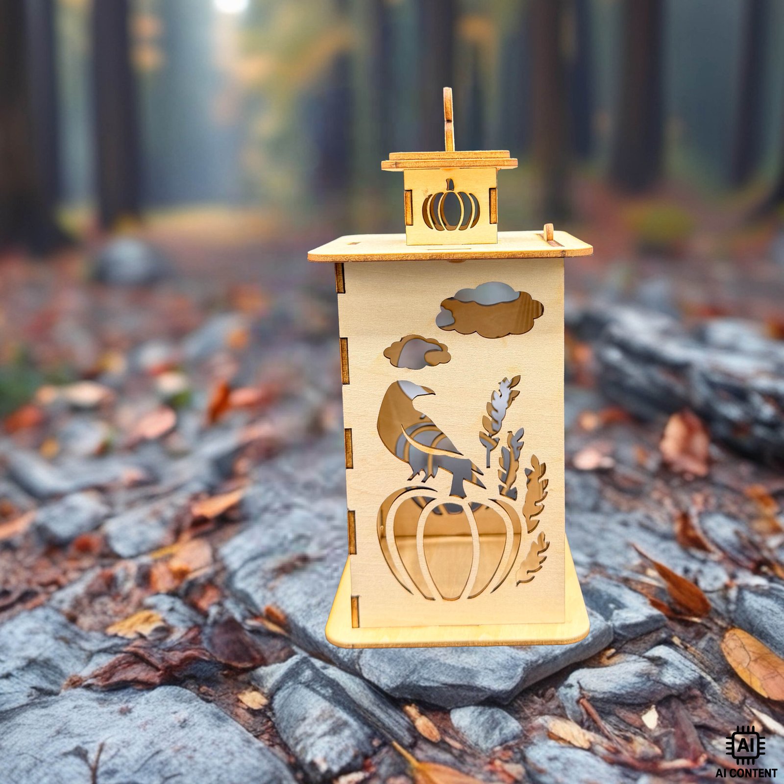 Holzlaterne mit Vogelscheuche, Kürbis und Herbstmotiv auf herbstlichem Waldboden