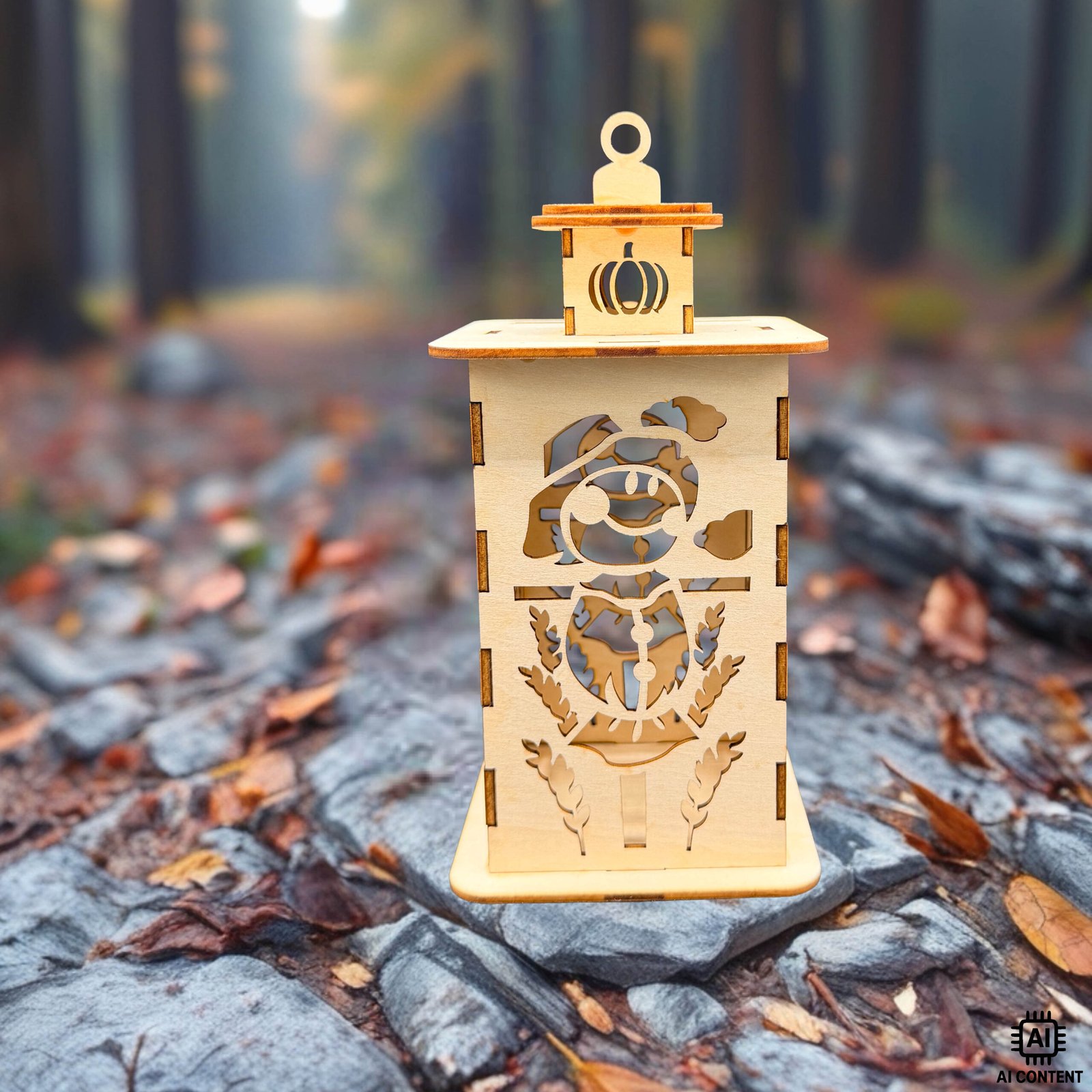 Holzlaterne mit Vogelscheuche, Kürbis und Herbstmotiv auf herbstlichem Waldboden