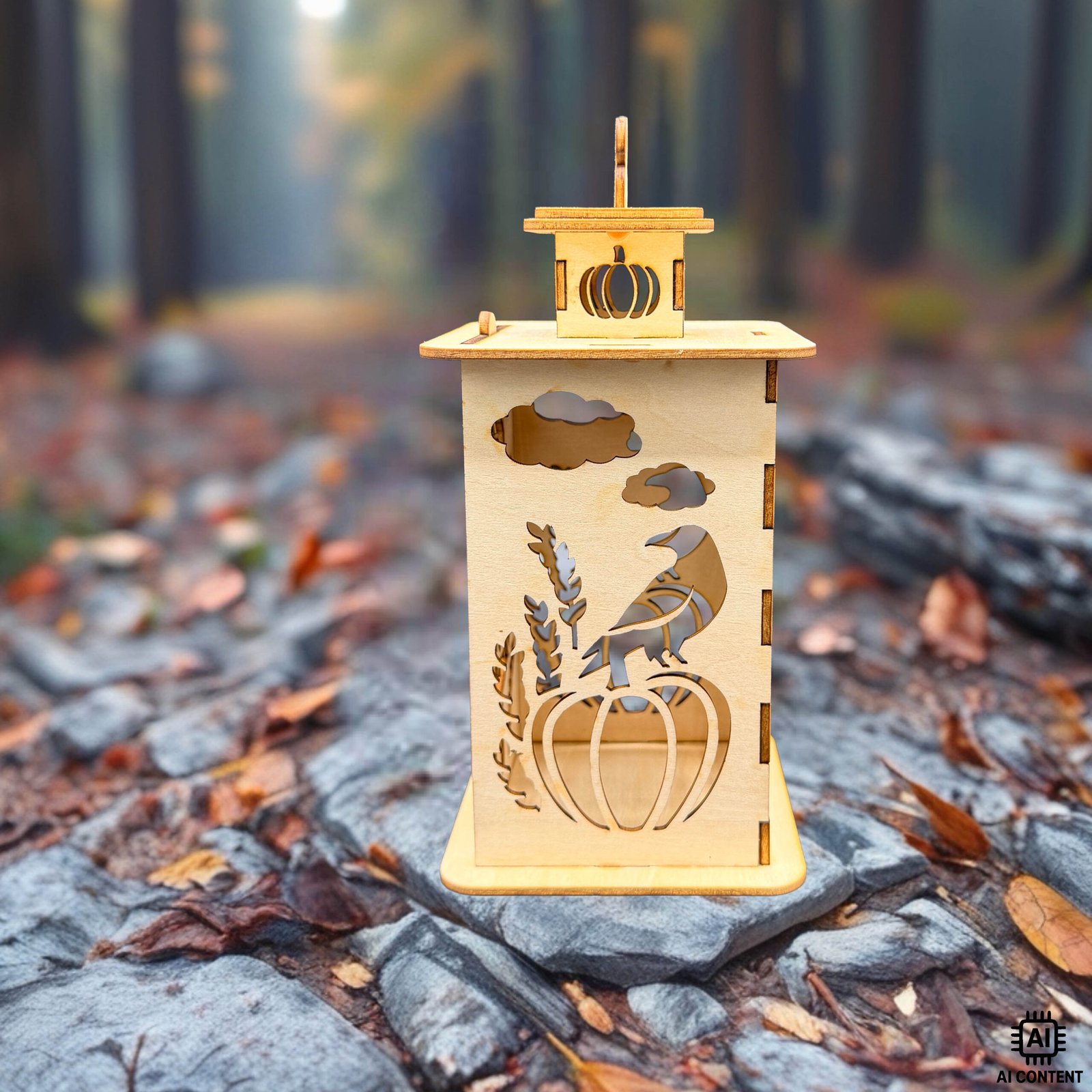 Holzlaterne mit Vogelscheuche, Kürbis und Herbstmotiv auf herbstlichem Waldboden