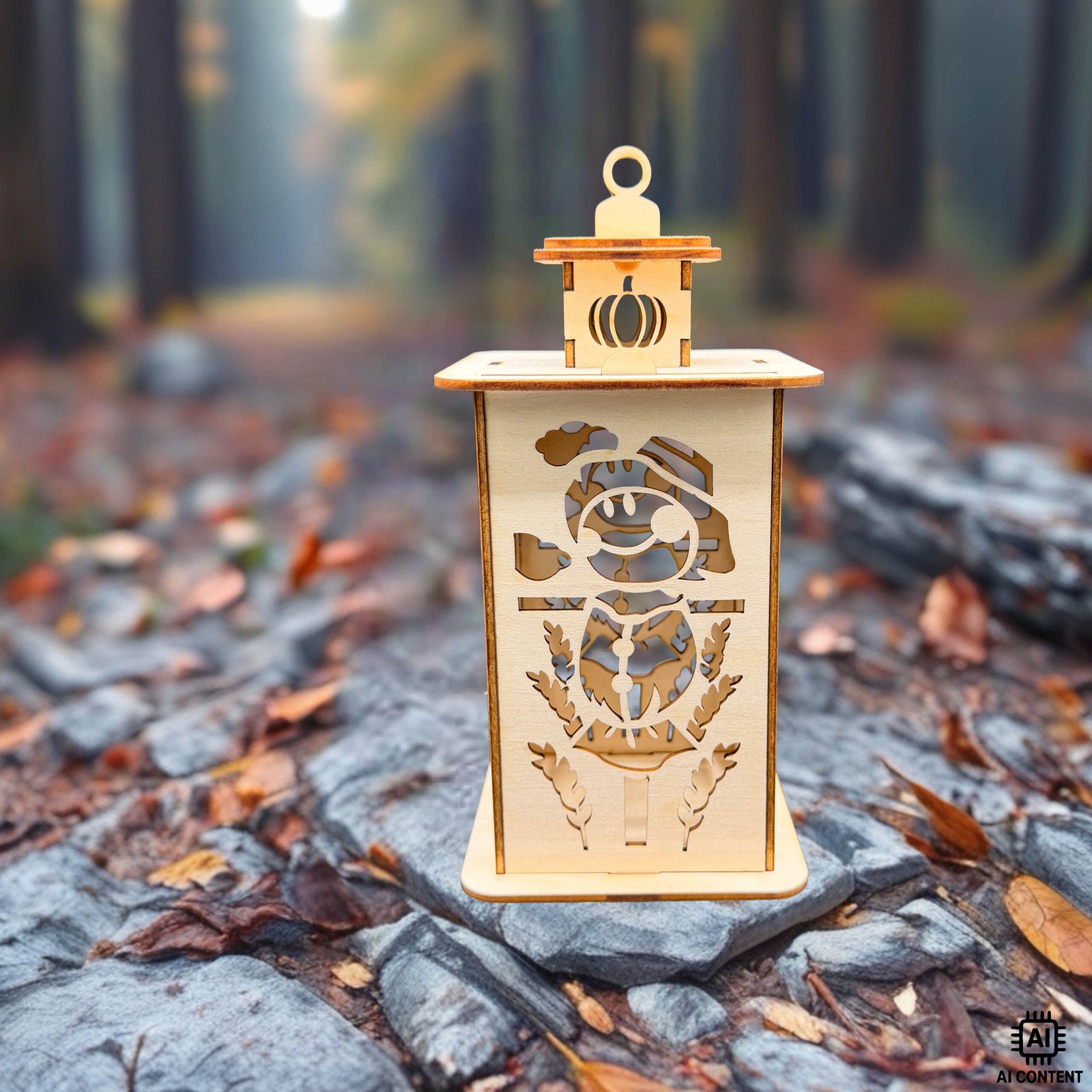 Holzlaterne mit Vogelscheuche, Kürbis und Herbstmotiv auf herbstlichem Waldboden