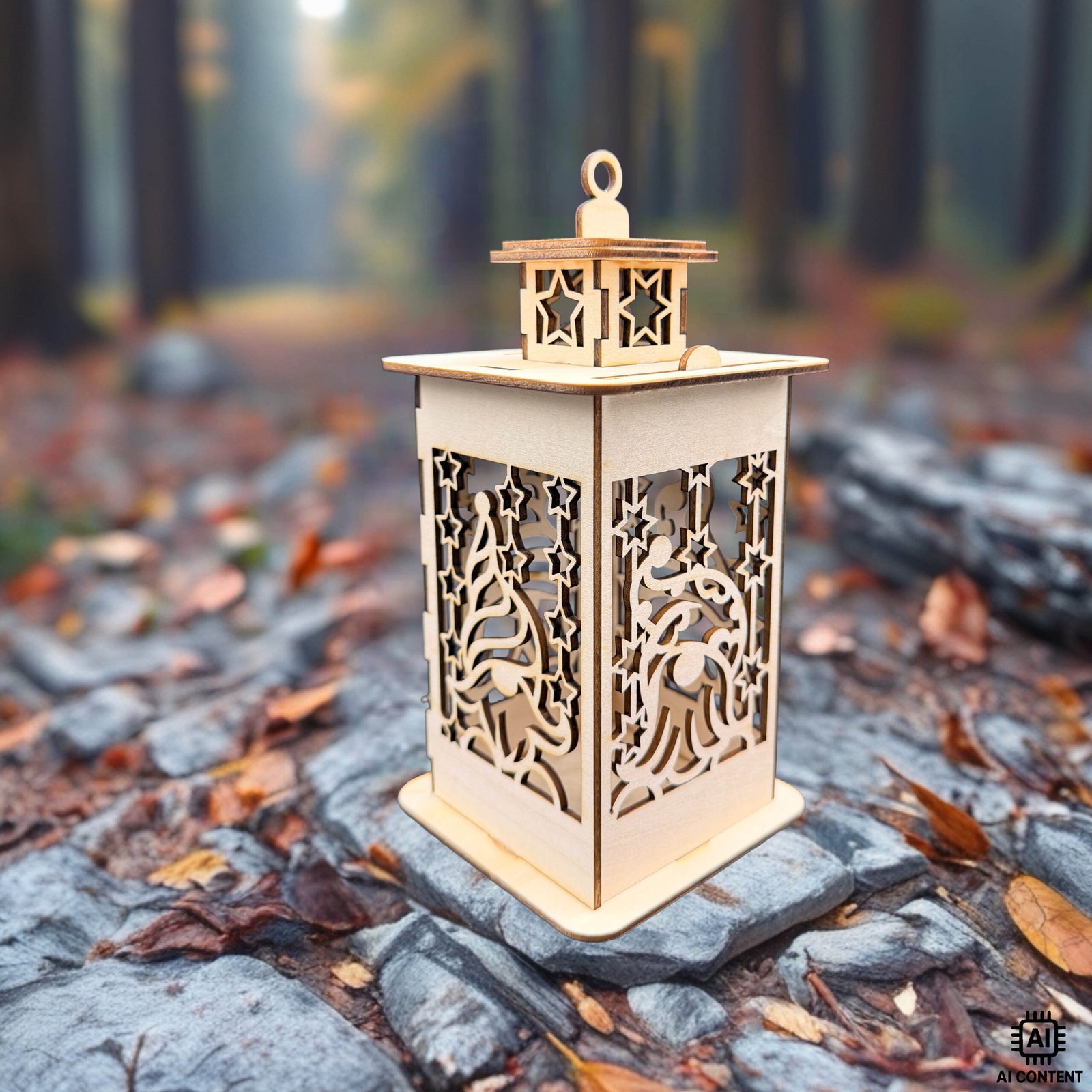 Holzlaterne mit Wichtel und Sternenmotiv im herbstlichen Wald