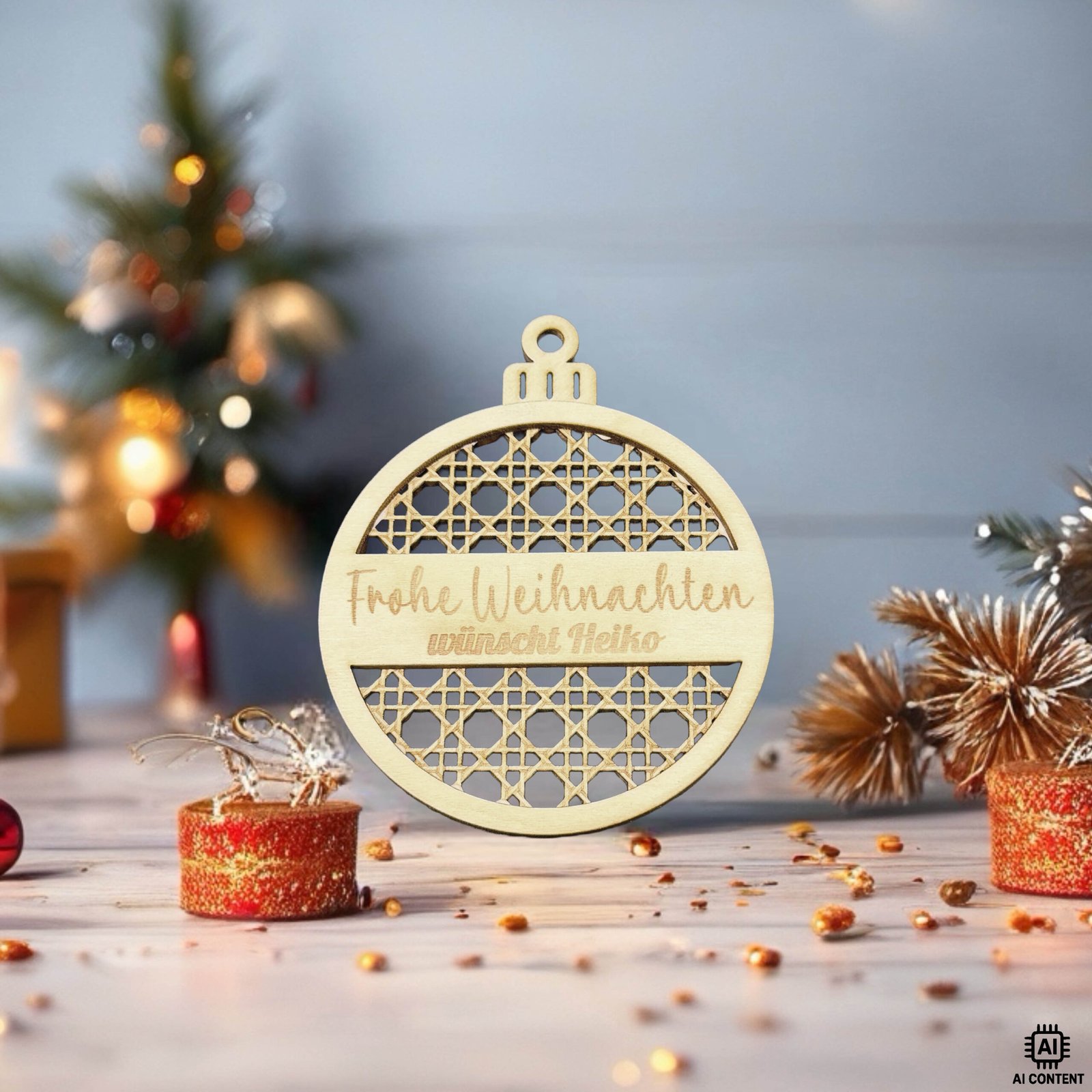 Holz-Ornament in Form einer Weihnachtskugel mit filigranem Gittermuster und personalisierter Gravur auf festlich dekoriertem Tisch