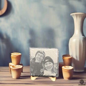 Quadratische personalisierbare Schieferplatte mit Fotogravur auf Holzständer, dekorativ arrangiert auf einem Tisch