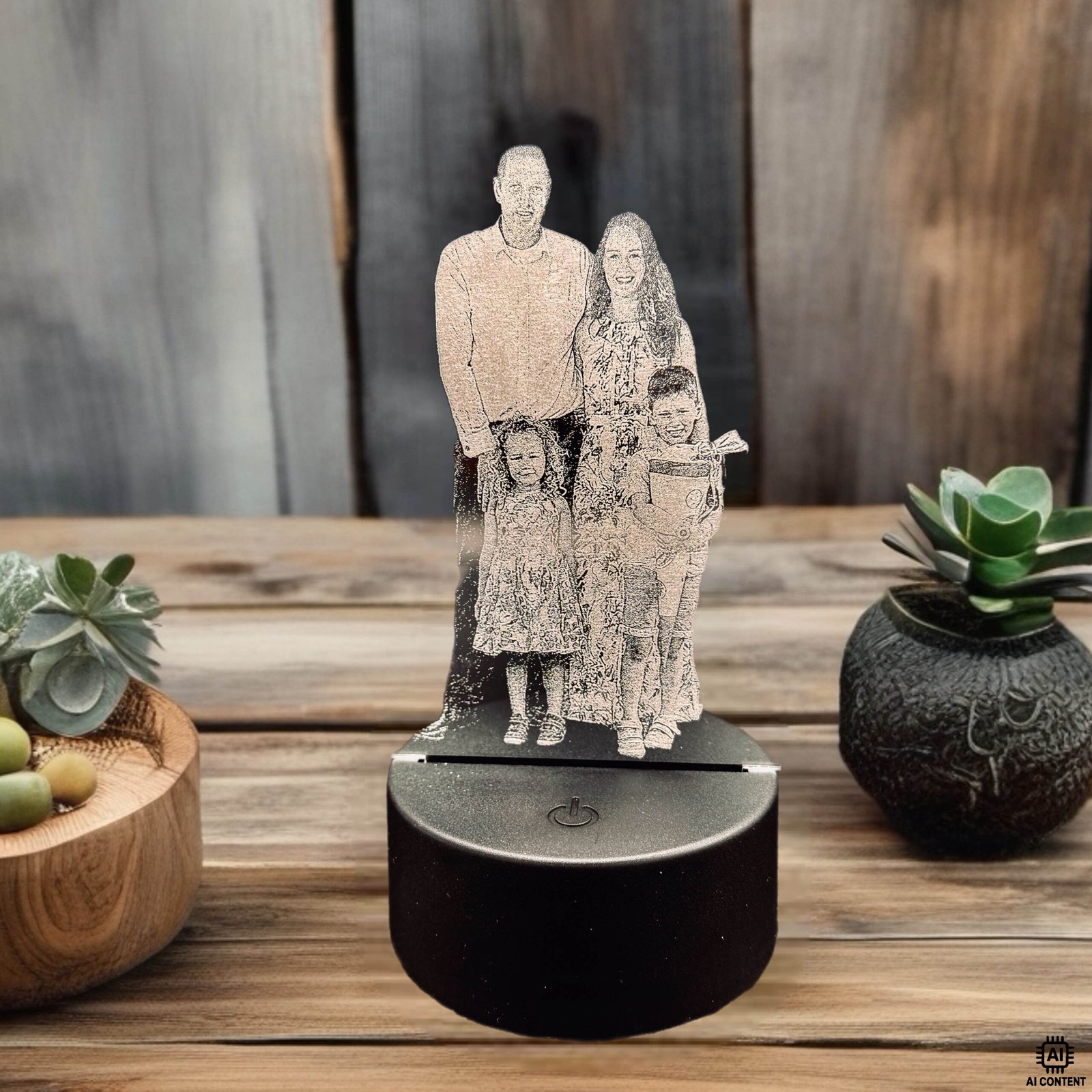 Personalisierte Acrylgravur mit Familienfoto auf LED-Sockel als individuelle Deko