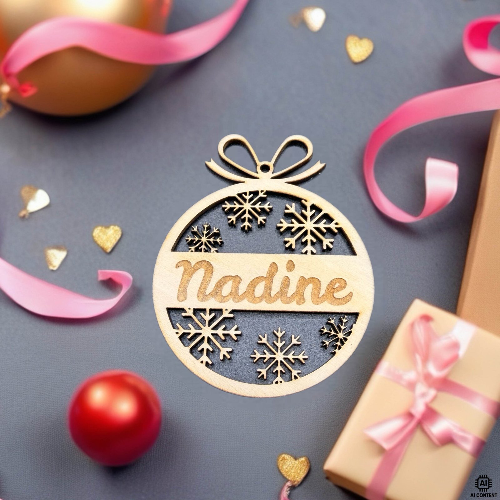 Personalisierte Weihnachtskugel aus Holz mit Schneeflocken und Namensgravur „Nadine“ – festliche Deko