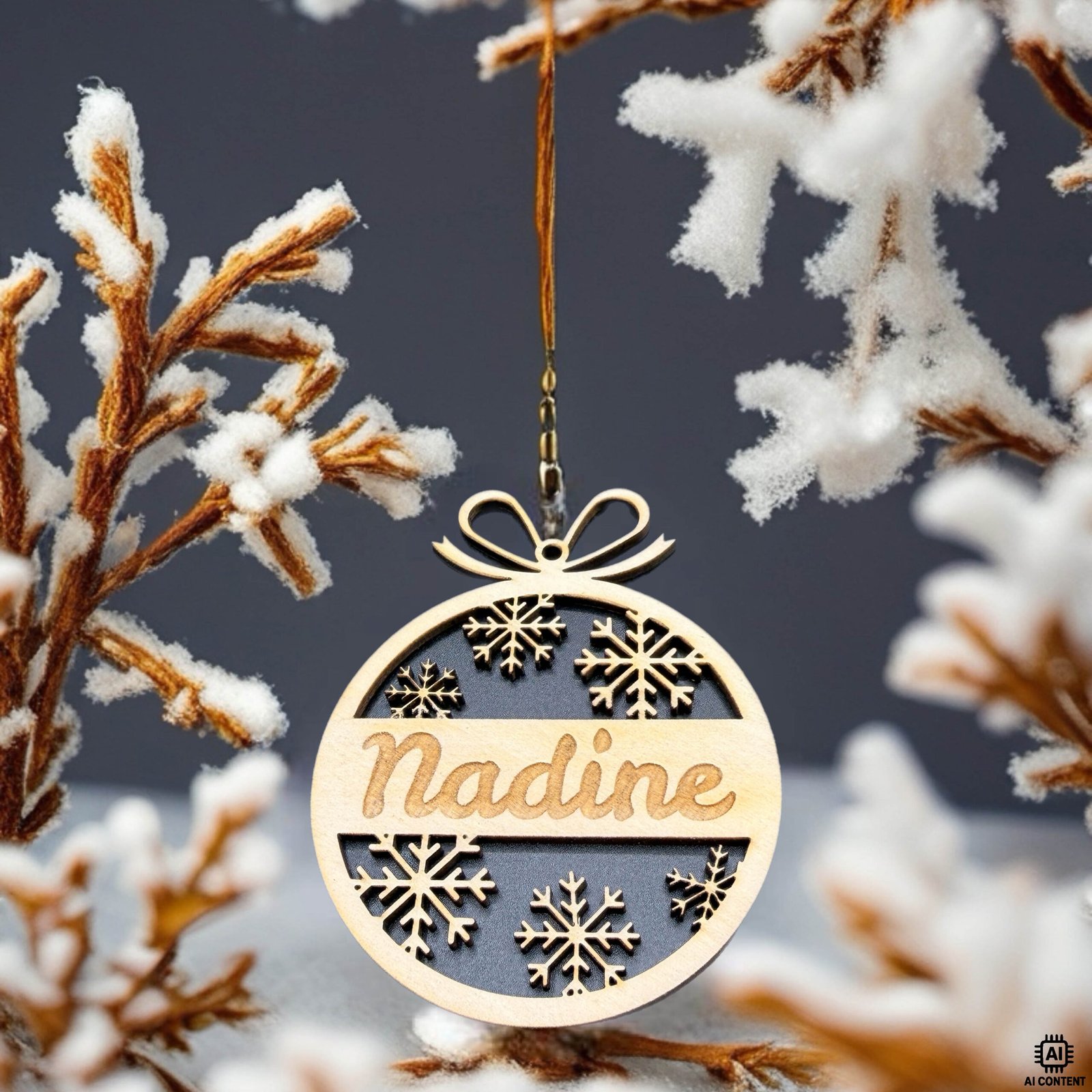 Personalisierte Weihnachtskugel aus Holz mit Schneeflocken und Namensgravur „Nadine“ – festliche Deko