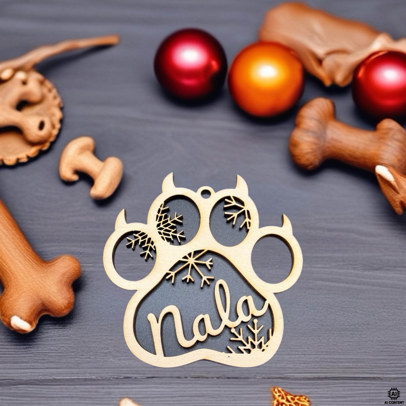 Personalisierte Katzenpfote aus Holz mit Namensgravur „Nala“ und Schneeflocken als Weihnachtsornament