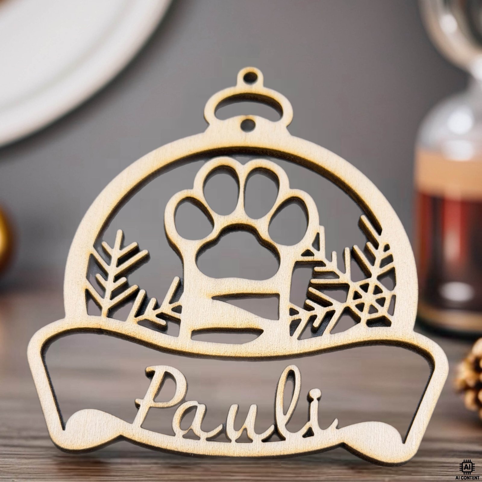 Personalisiertes Katzenornament aus Holz mit Pfotenmotiv, Winterzweigen und Namensgravur „Pauli“ in Kronenform
