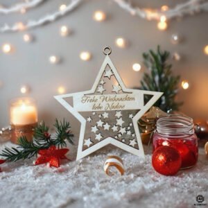 Personalisierter Holzstern mit Gravur „Frohe Weihnachten liebe Nadine“ als festliche Weihnachtsdeko auf schneebedecktem Tisch